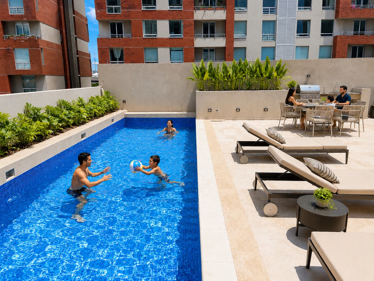 Piscina, bar y áreas verdes
