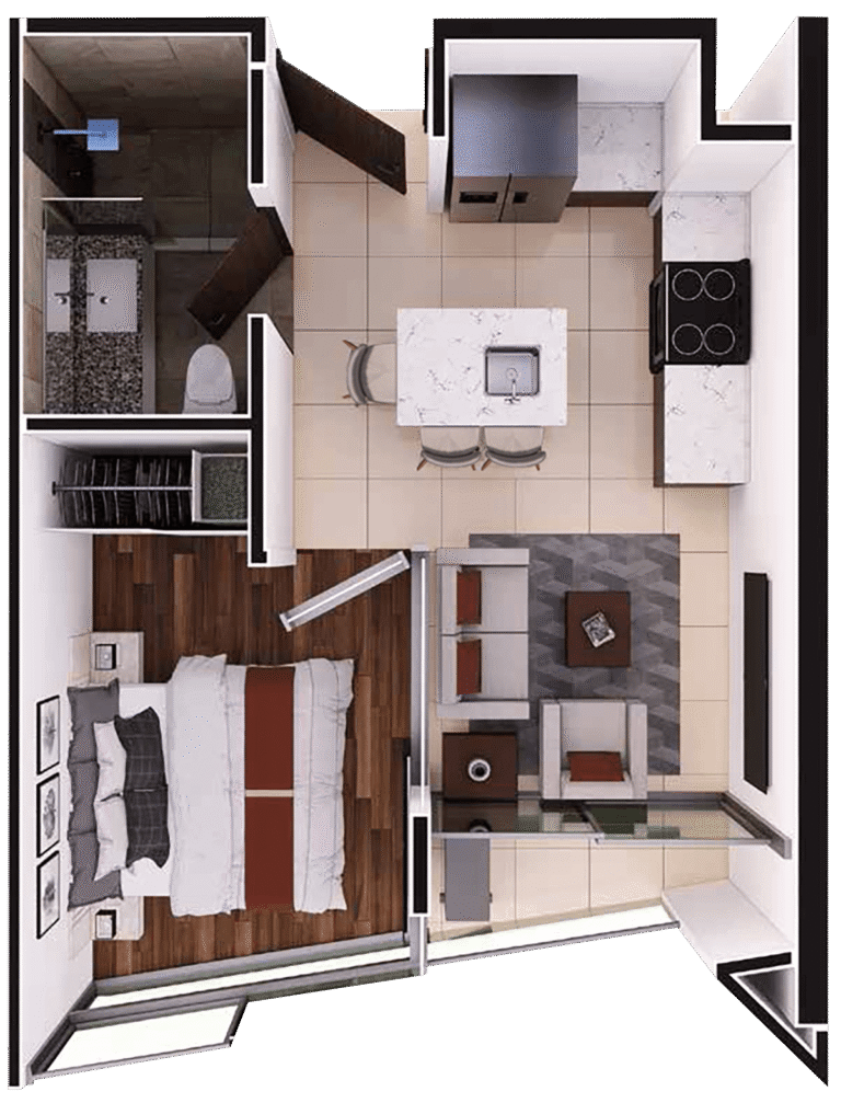 Apartamento de cocina espacio de comedor, sala de televisión, un baño y una habitación