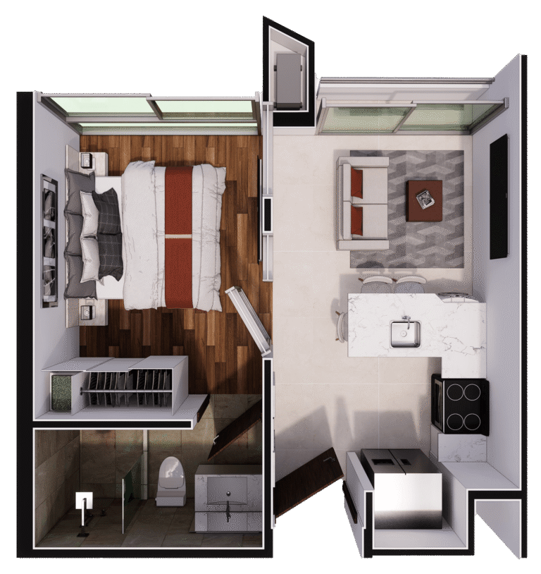 Apartamento de cocina, desayunador, sala de televisión, un baño y una habitación