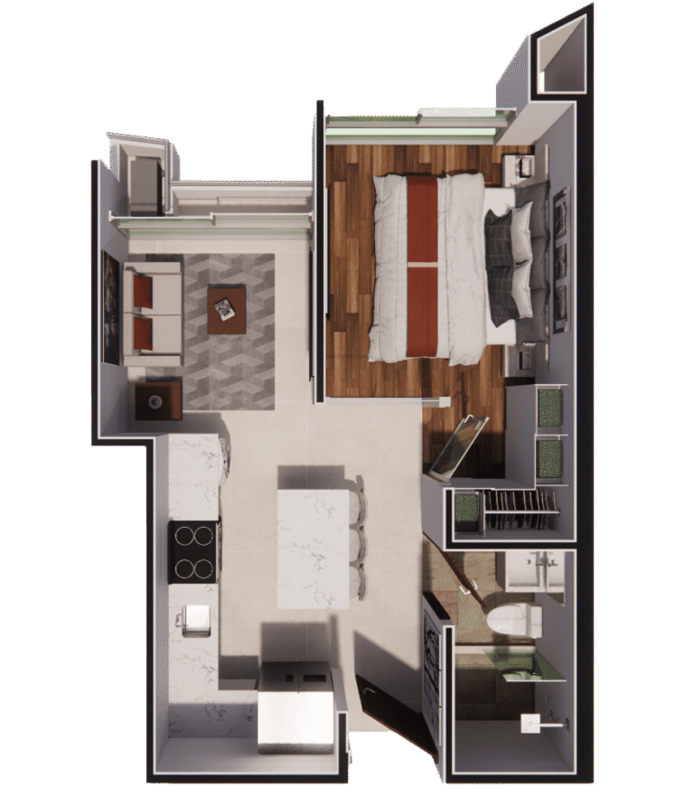 Apartamento de cocina, isla comedor, sala de televisión, un baño y una habitación