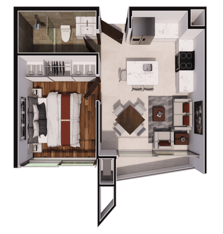 Apartamento de cocina, isla desayunador, comedor, sala de televisión, un baño y una habitación