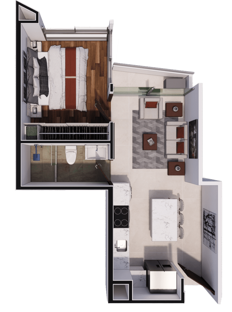 Apartamento de cocina, isla comedor, sala de televisión, un baño y una habitación