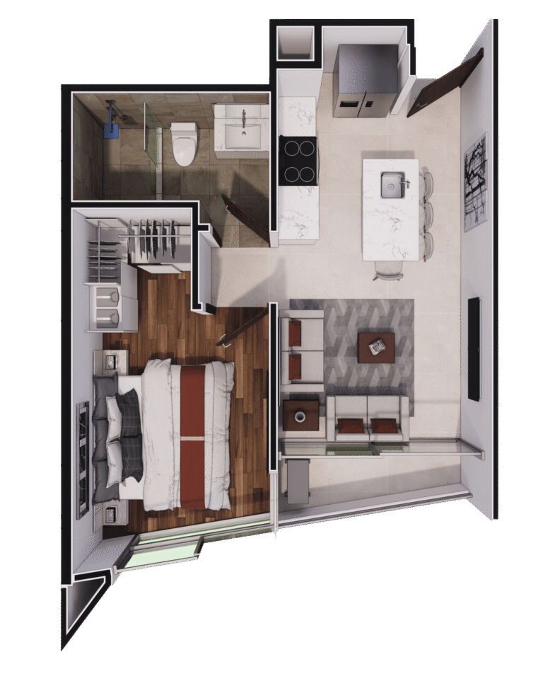 Apartamento de cocina, isla comedor, sala de televisión, un baño y una habitación