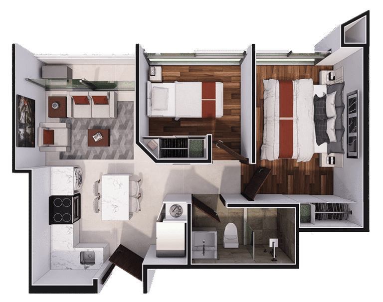 Apartamento de cocina, isla comedor, sala de televisión, cuarto de pilas, un baño y dos habitaciones