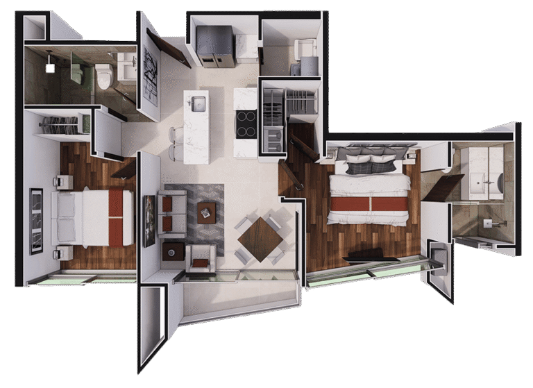 Apartamento de cocina, isla desayunador, comedor, sala de televisión, cuarto de pilas, dos baños y dos habitaciones